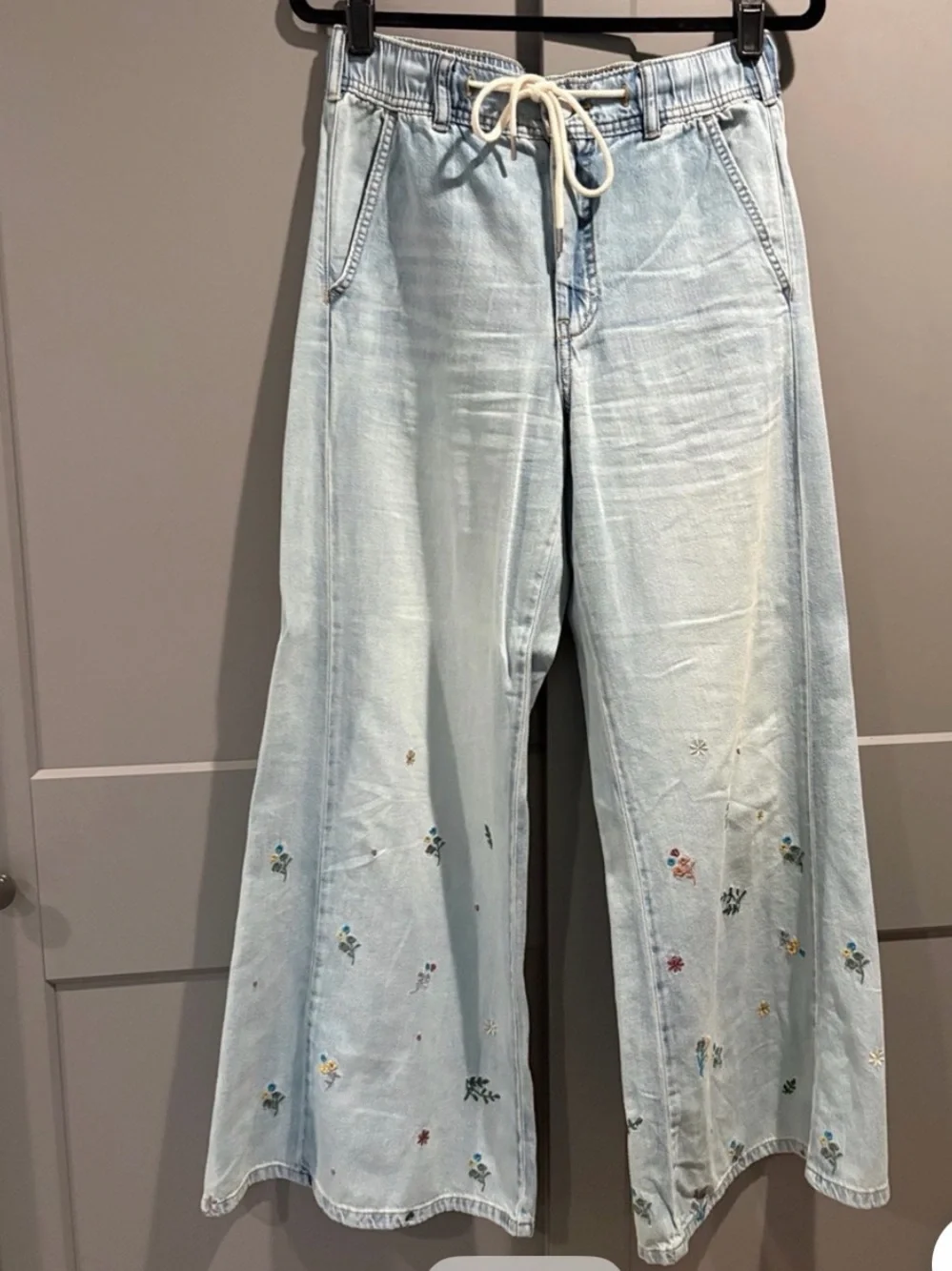 Anthropologie Light Blue Wide-Leg Embroidered Jeans